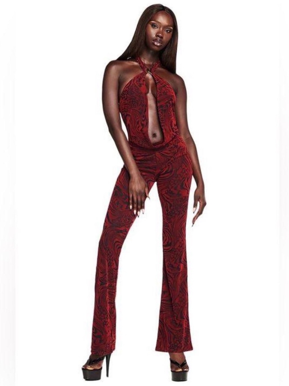 I am Gia . Red Halter Tie-Front Jumpsuit